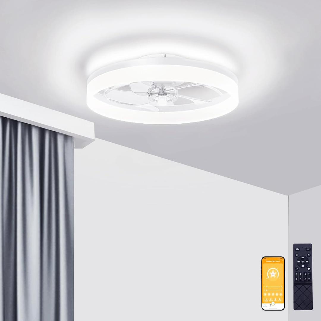 VOLISUN Low Profile Ceiling Fans with Lights and Remote, 19.7in Fandelier Ceiling Fan Flush Mount, 3000K-6500K Smart Bladeless LED Fan Light, White Modern Ceiling Fans with Lights for Bedroom
