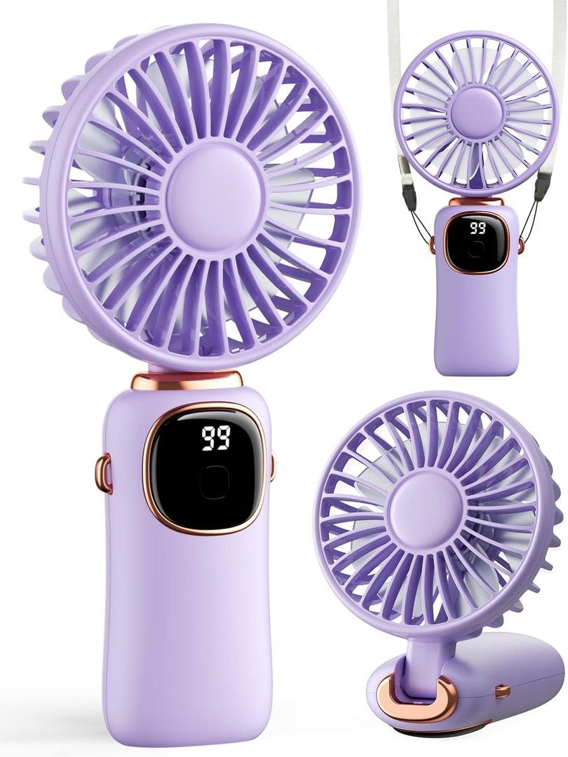 coldSky Portable Handheld Fan, 4000mAh Battery Operated 3 in 1 Multifunction Personal Travel Fans with Digital Display, 90 Foldable Desk Fan with Base, 5 Speed Lash Fan for Makeup/Commute/Office (Purple)