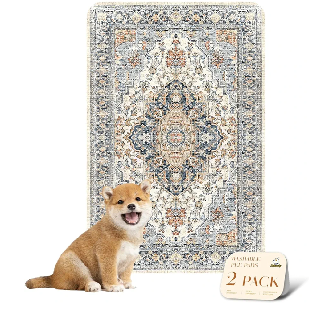 nunubaby Washable Pee Pads for Dogs, Stylish, Non-Slip and Leak-Proof Pee Pads. Reusable Potty Pads for Dogs for Crates and Floors.(Beige/Multi, 24" x36" )