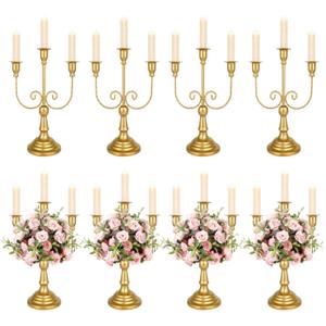8 Pcs Gold Candelabra 12 Inch 3 Arm Metal Candle Stand Wedding Candlestick Holder for Table Centerpieces Wedding Birthday Holiday Theme Party