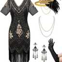 SWEETV Women's Flapper Dresses 1920s Fringed Sequin Great Gatsby Dress with 20s Accessories -Roaring 20s Costumes (Medium, Black-Gold)