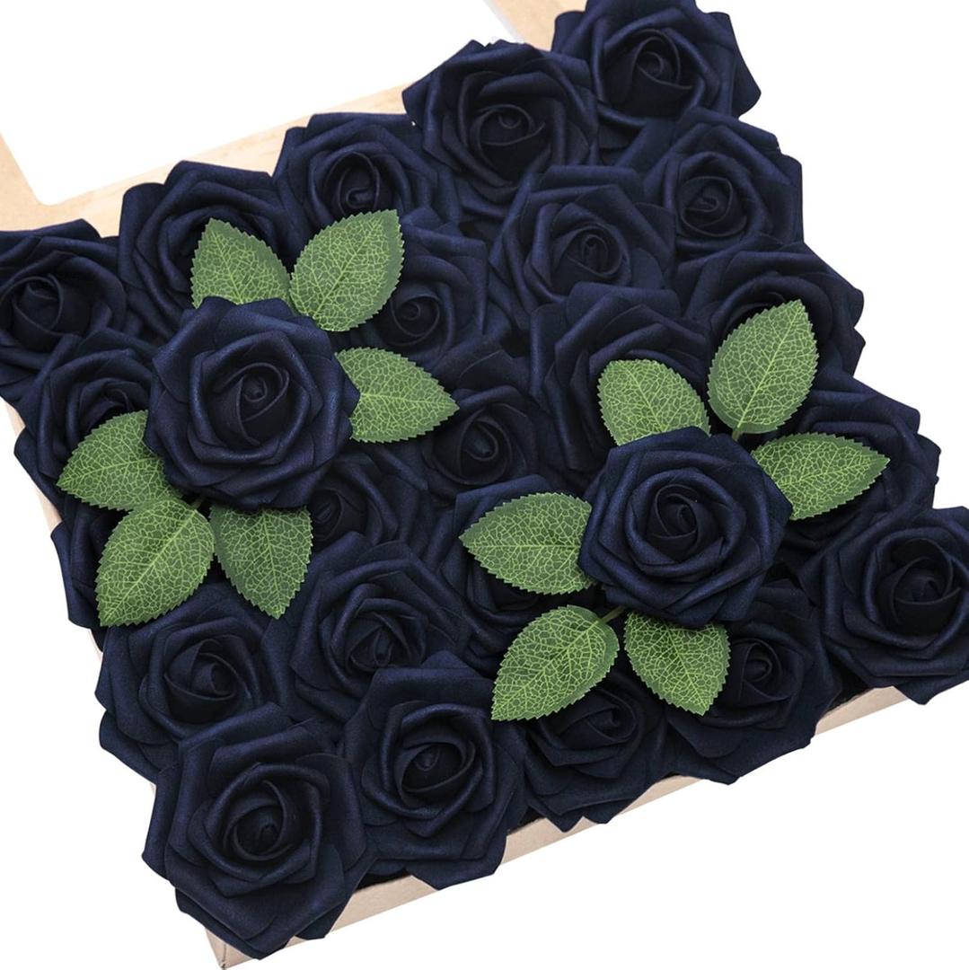 TINGE TIME Navy Blue Artificial Roses 25pcs Fake Flowers for DIY Wedding Bouquets, Centerpieces, Bridal Shower, Party Decorations,Baby Shower,Cake Decorations and Home Decorations