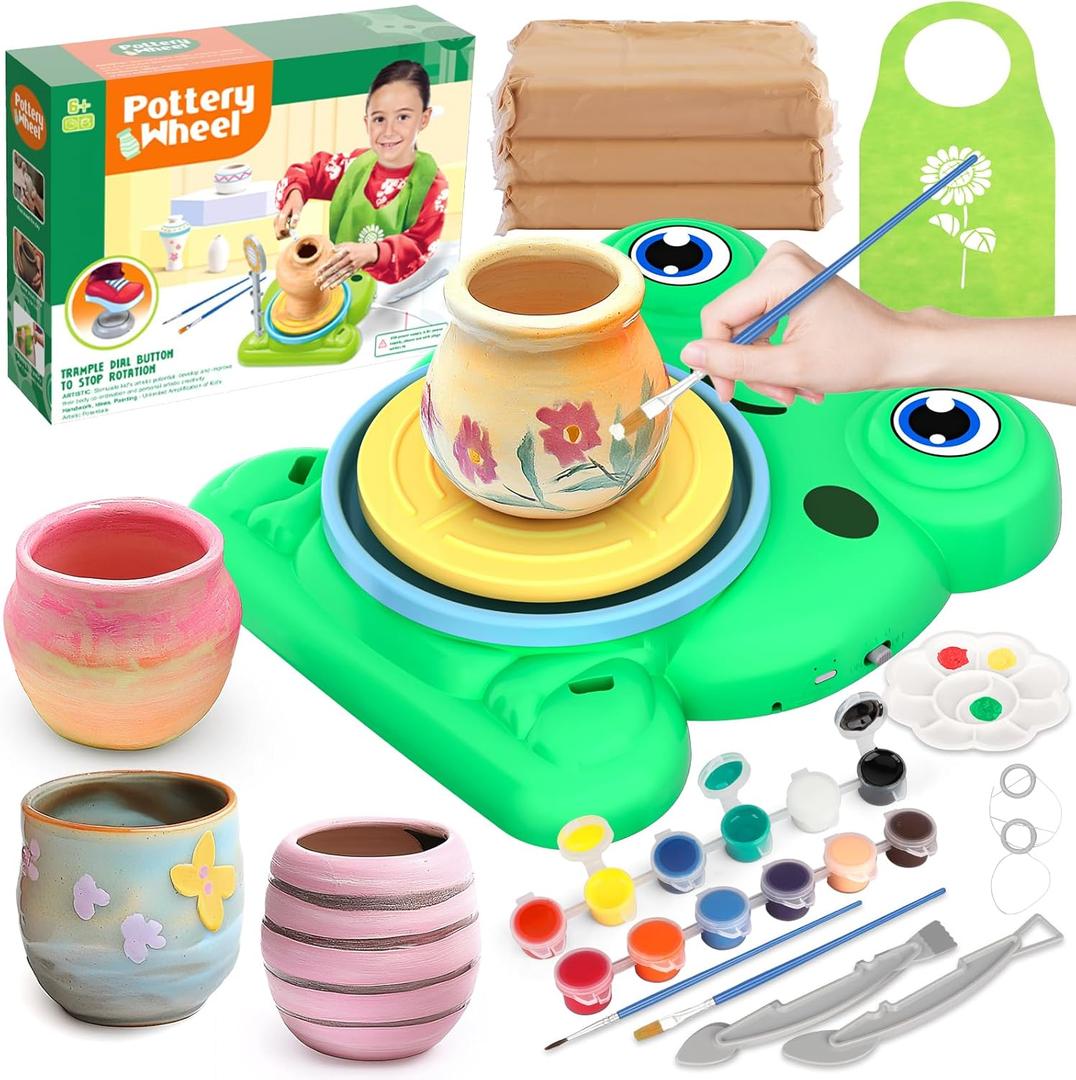 Pottery Wheel for Kids - Complete Pottery Painting Kit Arts and Crafts for Kids Ages 8-12 with 3 Pack Air Dry Clay Art Supplies for Kids Toys Girls Boy Birthday Gift for 6 7 8 9 10 11 12+ (Green)