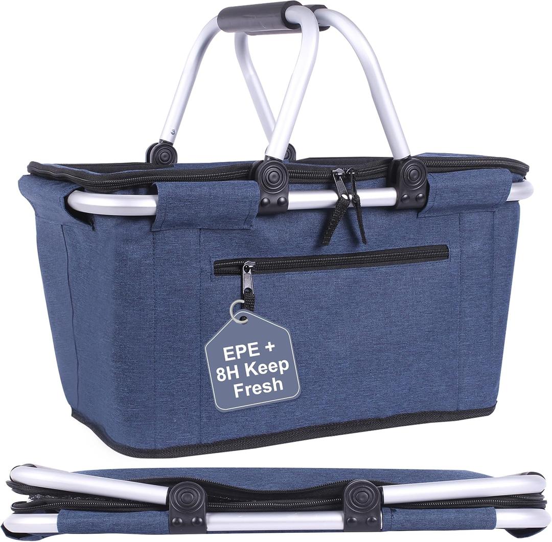 Picnic Basket, SIYUAN Collapsible Shopping Basket with Lid 27L Large Market Basket with Handles Reusable Folding Grocery Basket Insulated Cooler Bag for Picnic Travel, Blue