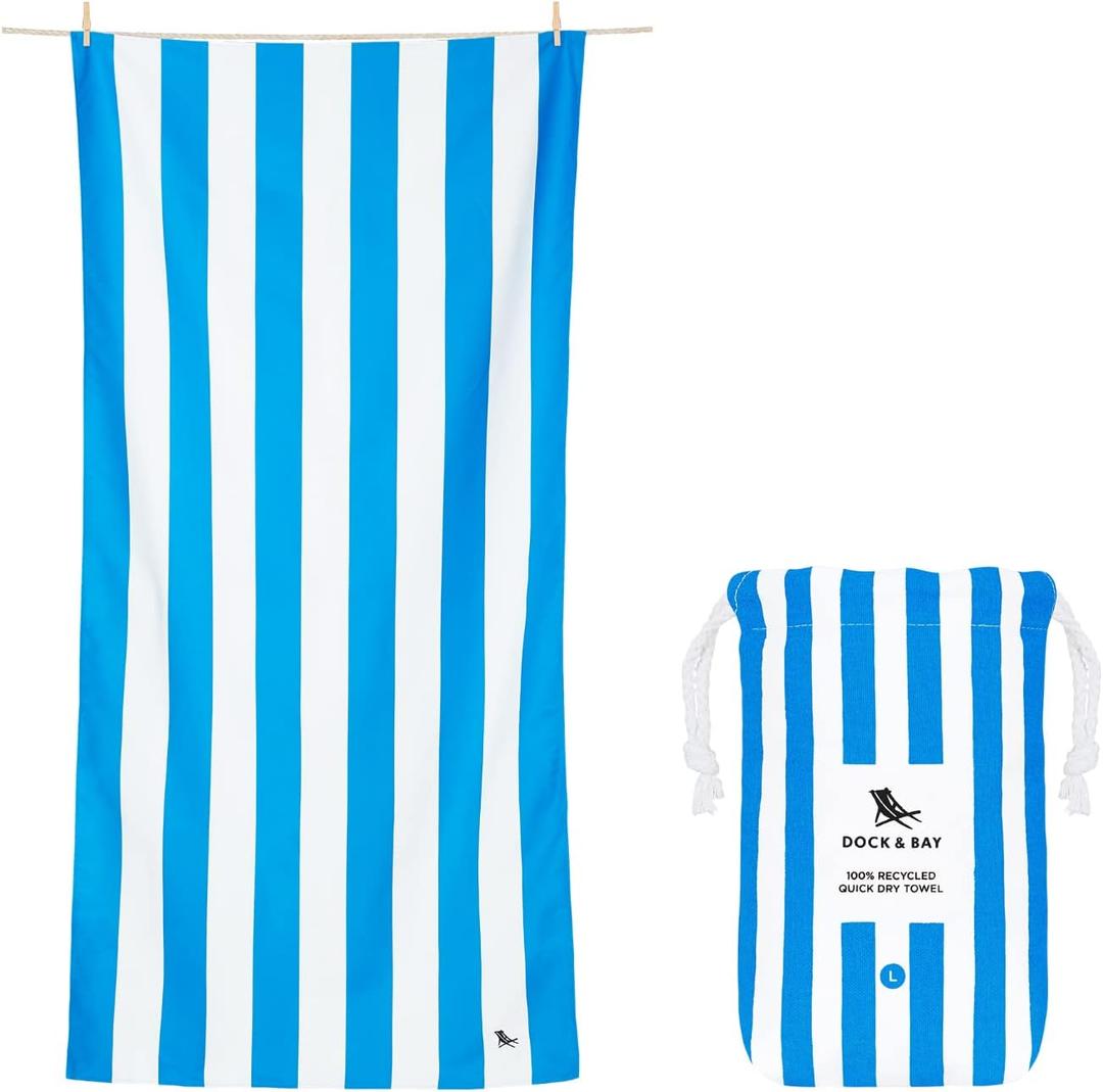 Dock & Bay Beach Towel - Quick Dry, Sand Free - Compact, Lightweight - 100% Recycled - Includes Bag - Cabana - Bondi Blue - Extra Large (200x90cm, 78x35)