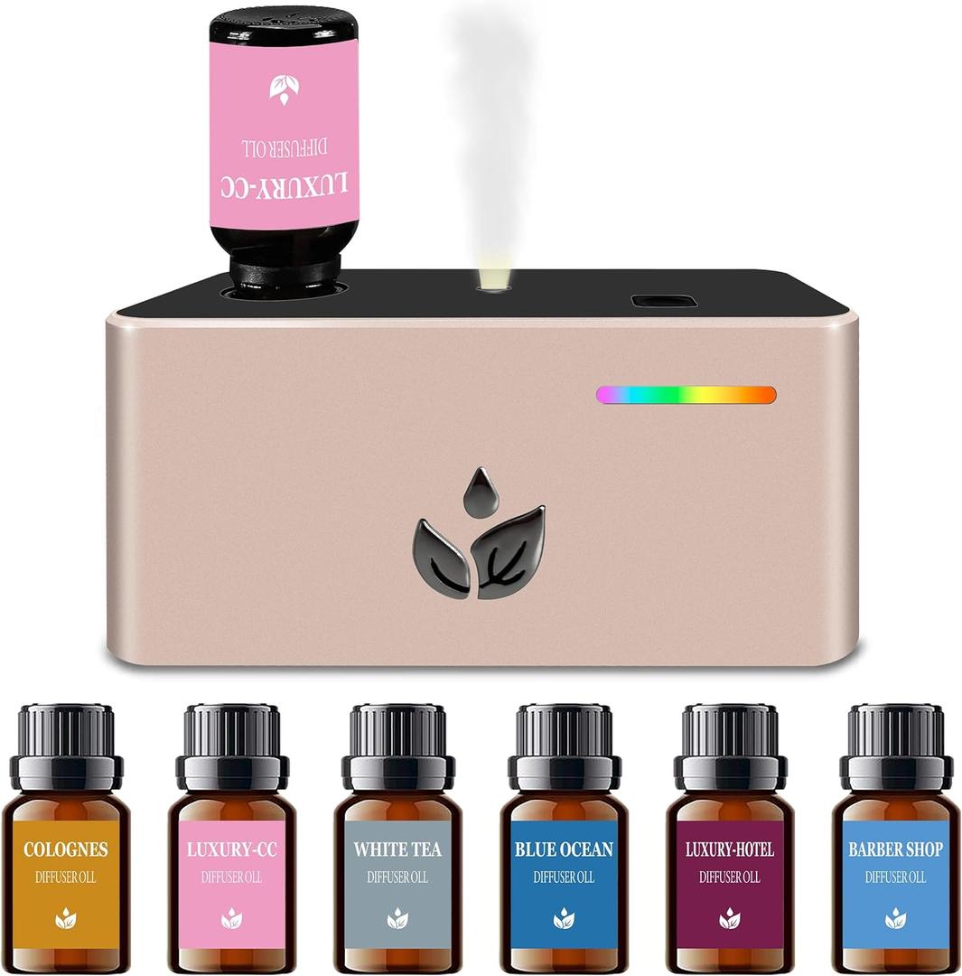Waterless Diffuser, Essential Oil Diffuser with 6pcs Mixed Scent Fragrance Oils, Rechargeable Air Aromatherapy Diffuser with 3 Spray Modes for Home Office Hotel (Rose Gold)