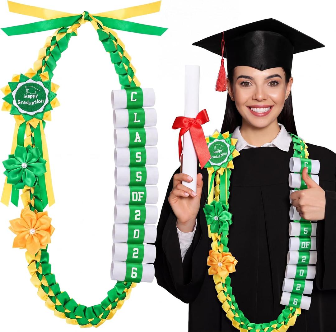 Lyrow 2026 Graduation Money Lei with Cash Holder 48 Inch Extra Long Braided Ribbon Lei DIY Graduation Garland for Cash Gifts Class of 2026 Grad Party Decorations(Yellow & Green)