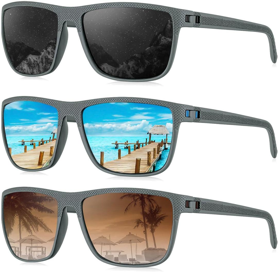 KALIYADI Polarized Sunglasses for Men, Lightweight Sun Glasses with UV Protection for Driving Fishing Golf ((3 Pack) Z Frame Grey|lens Black/Ice Blue/Gradual Brown)