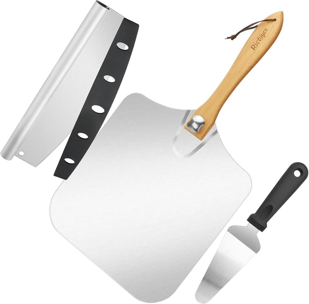 Pizza Peel Aluminum Pizza Spatula,14 inch Metal Pizza Paddle(12"x 14") with Rocker Cutter Foldable Wood Handle, Server for Family Pizza Oven Baking Accessories Dough Bread Pastry