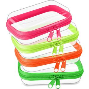 Hoolerry 4 Pcs Hard Clear Zipper Case Makeup Bags Plastic Zipper Pouch Transparent Storage Box Containers for Cosmetics, Snacks, Building Blocks, Puzzles(Clear,5 x 3 x 2 in,Fluorescent)
