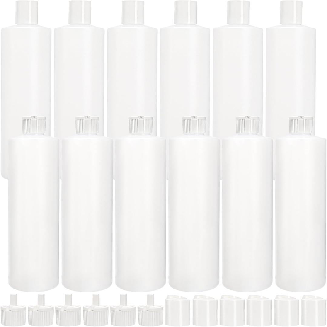 Bekith 12 Pack 16oz Plastic Squeeze Bottle with 24 Caps in 2 Styles, Refillable Plastic Bottles for Shampoo, Lotions, Liquid Body Wash, Sauce, BPA Free