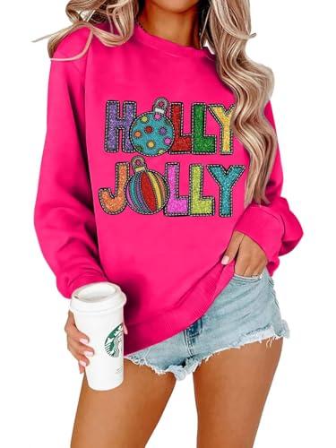 FAYALEQ Merry Christmas Sweatshirt for Women We Can Leave The Christmas Light Long Sleeve Shirt Xmas Holiday Crewneck Pullover Tops Hot Pink, XL