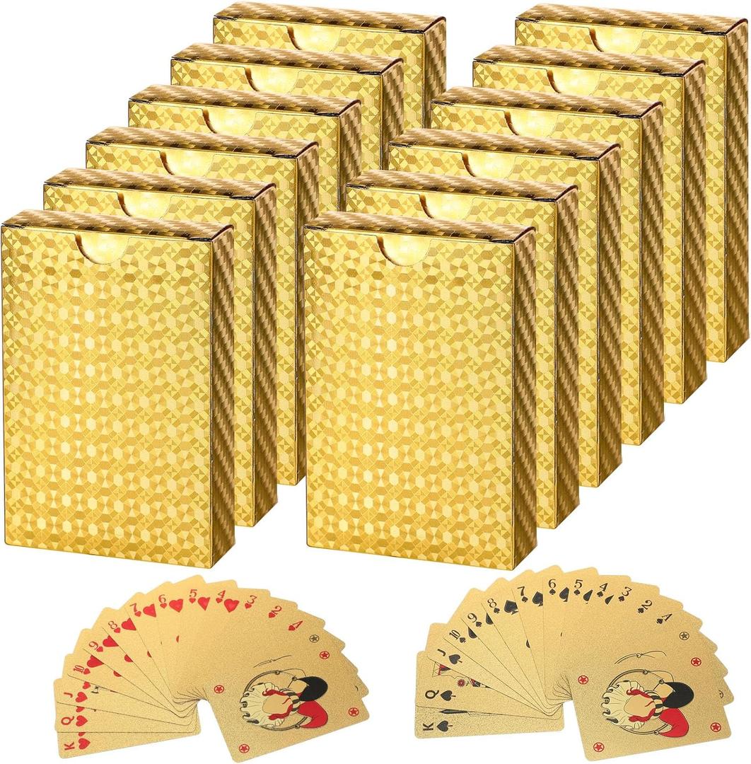Zubebe 12 Decks of Playing Cards Waterproof Plastic Foil Poker Cards Bulk for Adults Washable Flexible Party Game Gift Favors(Gold)