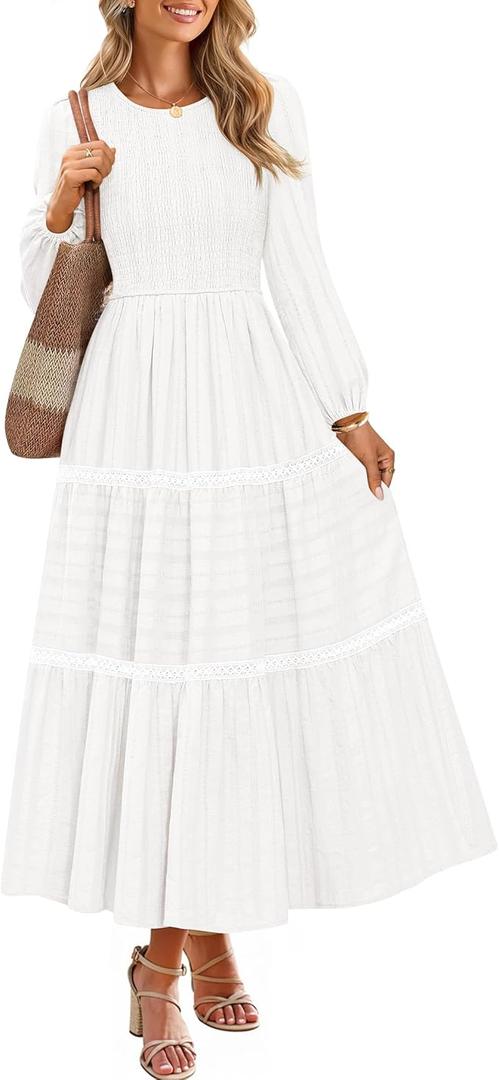 Women's Spring Long Sleeve Maxi Dresses 2026 Casual Crewneck Smocked A Line Tiered Flowy Wedding Guest Long Dress L