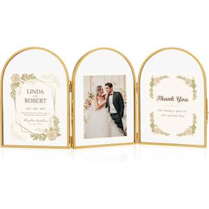 5x7 Triple Picture Frames, Arched Folding Hinged Brass Picture Frames for Three photos, Glass Floating Frame for Artwork Tabletop Display(5x7 Vertical)