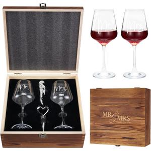 AW BRIDAL Wedding Gifts Bridal Shower Gifts Engagement Gift for Couples Newlyweds Mr & Mrs Wedding Wine Glasses Set of 2 - Wine Opener Wine Stopper with Engraved Wooden Keepsake Box