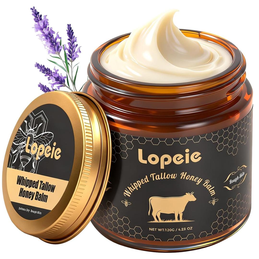 Upgraded Organic Beef Tallow for Skin & Face  Whipped Grass-Fed Tallow and Honey Balm for Dry, Sensitive Skin, Natural Hydrating Face Moisturizer with Raw Honey (Lavender)