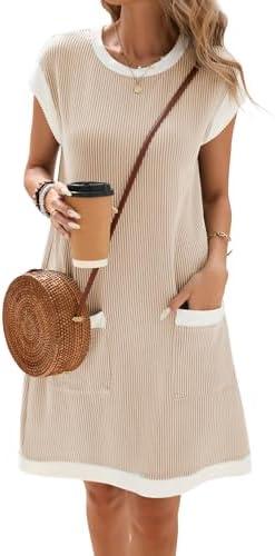 Famulily Women's Casual Summer Dresses Ribbed Knit Colorblock Crewneck Cap Sleeve Soft Dress for Women with Patch Pockets, Size: M