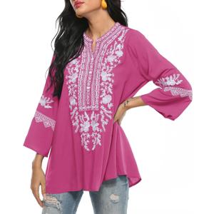 Traditional Mexican Embroidered Peasant Tops for Women, Plus Size Vintage Floral Tunic Shirts, Flowers Embroidery Blouses (3X-Large, Rose)