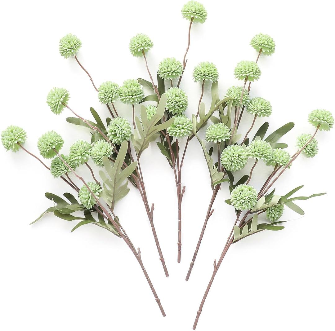 Floroom 5pcs Faux Silk Pompon Mum Artificial Flowers, Bulk Fake Mini Chrysanthemums with Stems for DIY Bouquet Centerpieces Wedding Fillers Sage Green Arrangements Shower Decorations, Elf Green