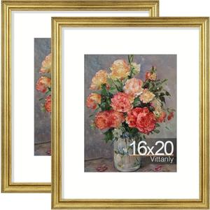 Vittanly 16x20 Picture Frames Set of 2, Ornate Vintage Photo Frame for Wall Mount, Display 11x14 Pictures with Mat or 16x20 without Mat, Rustic Gold