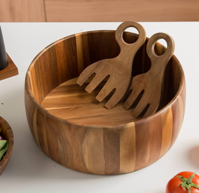 SullyHÔME 12" Acacia Wood Salad Bowl with Serving Spoons