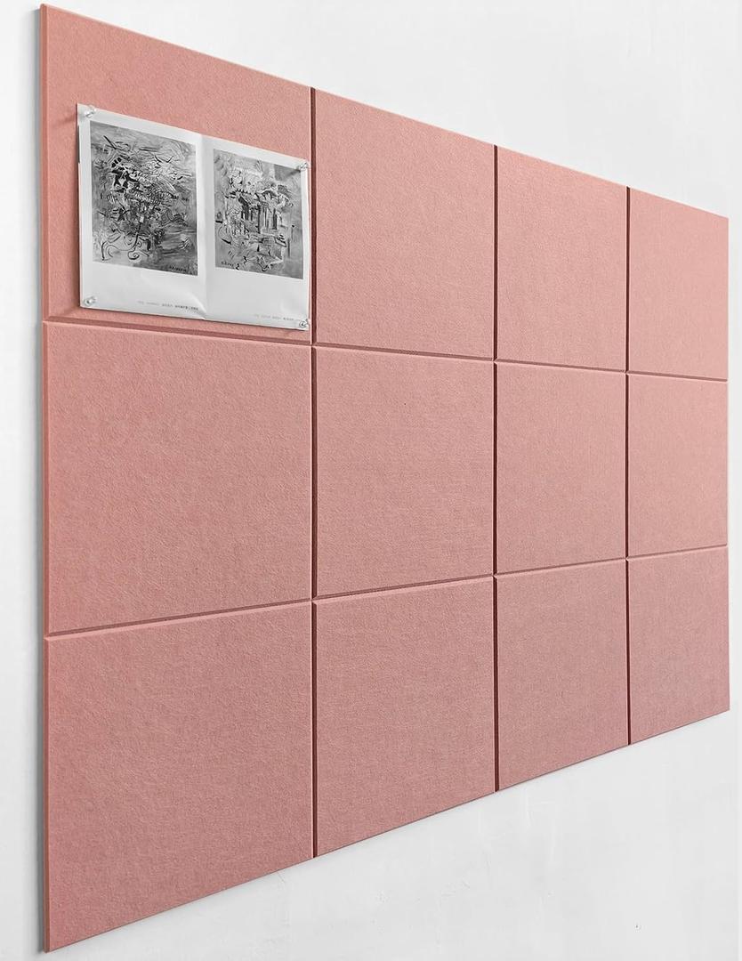 Felt Wall Tiles | Large Cork Board Alternative | Aesthetic Felt Bulletin Board for Office, Home & Classroom | Large Cork Boards for Walls Pinboard (12-Pack) | Pink