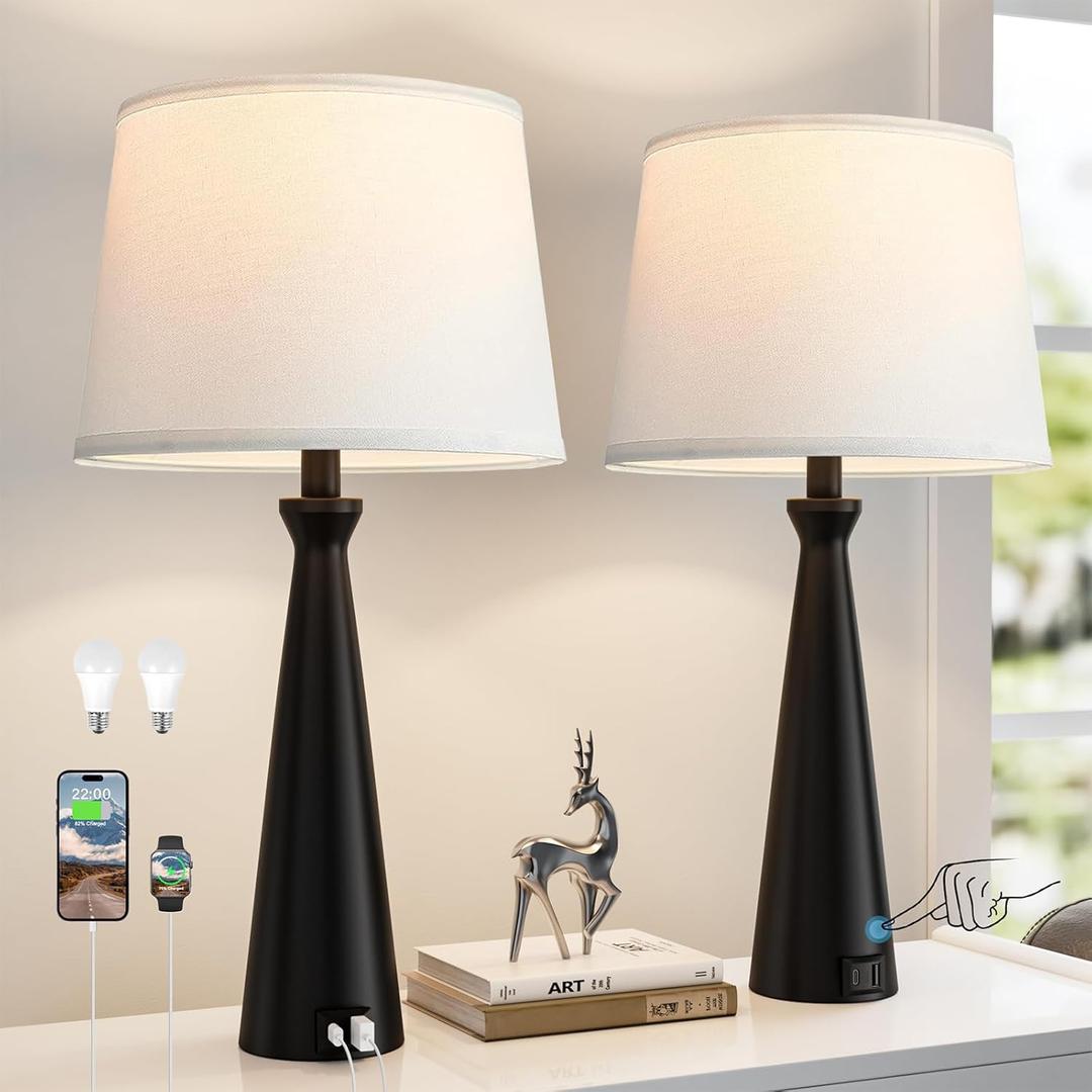 Seealle Modern Table Lamps Set Of 2 - Touch Bedside Lamp for Nightstand with Dual USB C+A,3-Way Dimmable Black Nightstand Lamps for Living Room Bedroom End Table (Bulb Included)