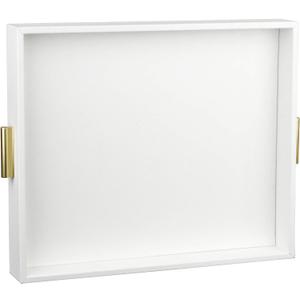 HofferRuffer Extra Large Serving Tray with Handles, Elegant Faux Leather Storage Decorative Tray for Coffee Table, Ottoman, Console Table (White Tray+Golden Handle) (20" x 16" x 2.2")