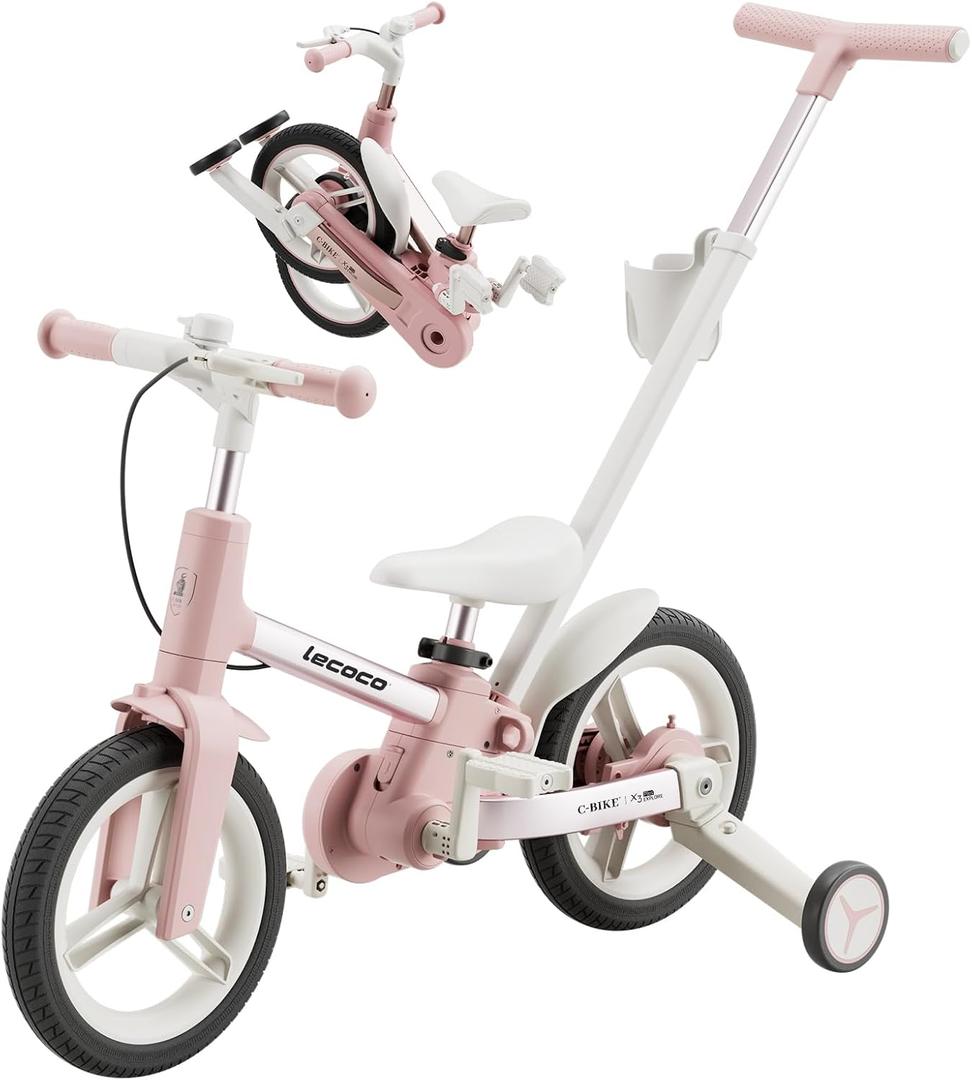 lecoco Upgraded Toddler Bike with Push Handle 6 in 1 for Kids, Balance Bicycle Toys with Training Wheels, Brackets, Cup Holder, Pedal, Kickstand Birthday Gift for Boys and Girls, 12 inch