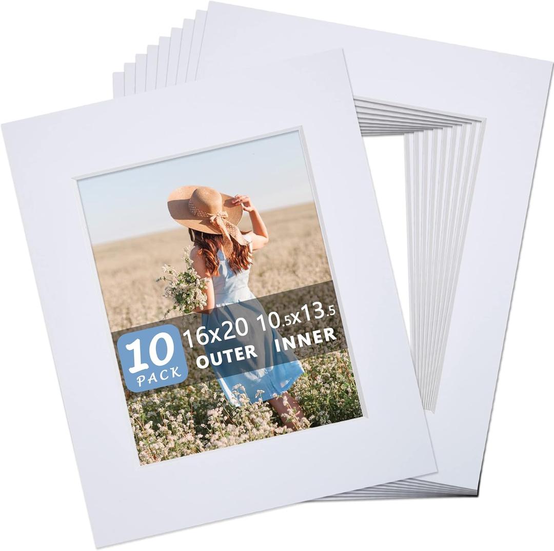 Somime 10 Pack Precut 16x20 Picture Frame Mat, White 16x20 Photo Mat with 11x14 Opening, Acid Free Frame Matte for Artworks, Prints