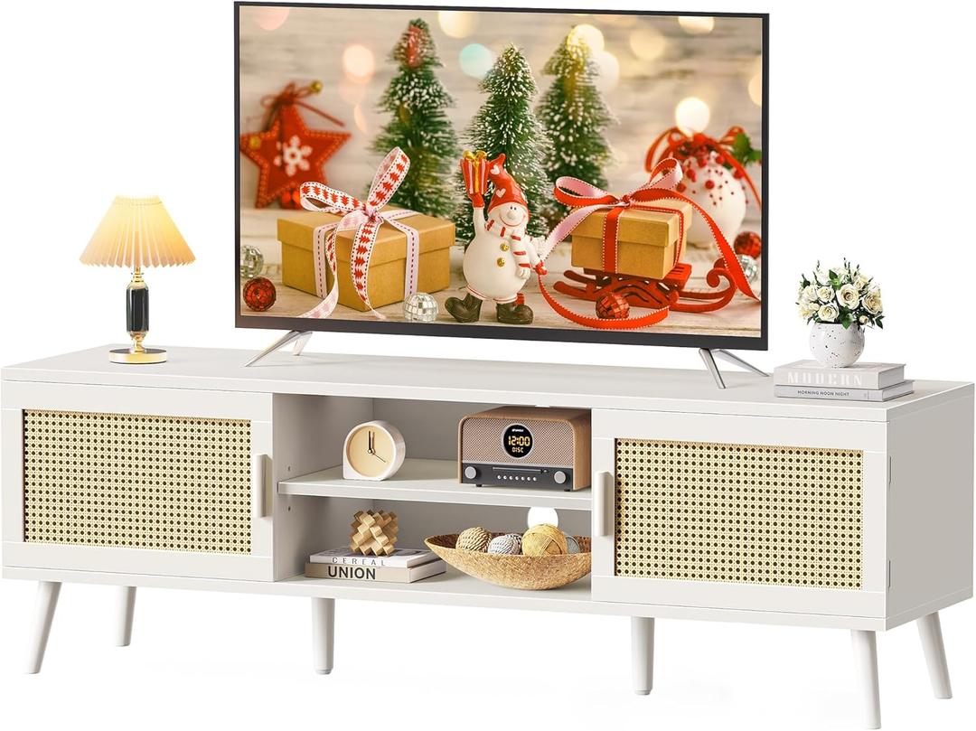 SUPERJARE TV Stand for 65 Inch TV, Entertainment Center with Adjustable Shelf, Rattan TV Console with 2 Cabinets, Media Console, Solid Wood Feet, 4 Cord Holes, for Living Room, White, 53.9"