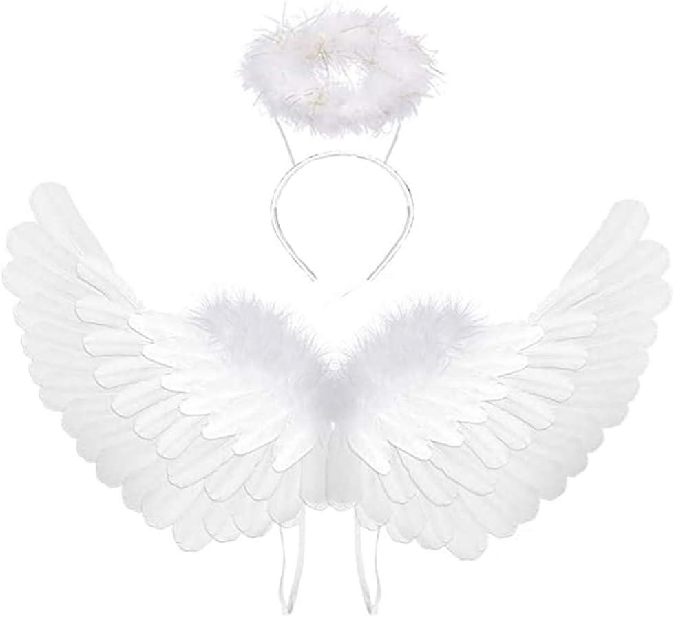 BohoSM Angel Costume Wings and Halo Adult White Angel Costumes Wings for Girls Kids Party Children's Boys Halloween Christmas (White)