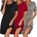 Ekouaer 3 Pack Nightgowns for Women Short Sleeve Sleepshirt Button Down Nightshirt Soft Pajamas Dress Casual Sleepwear (X-Large, Black/Dark Red/Leopard)