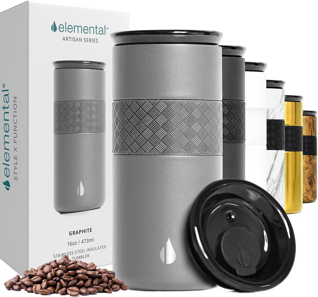 Elemental Artisan Insulated Tumbler, Triple Wall Coffee Travel Mug, Reusable Stainless Steel Coffee Tumbler with Ceramic Lid, Thermal Coffee Cups for Hot (6 Hrs) & Cold (18 Hrs), 16oz - Graphite