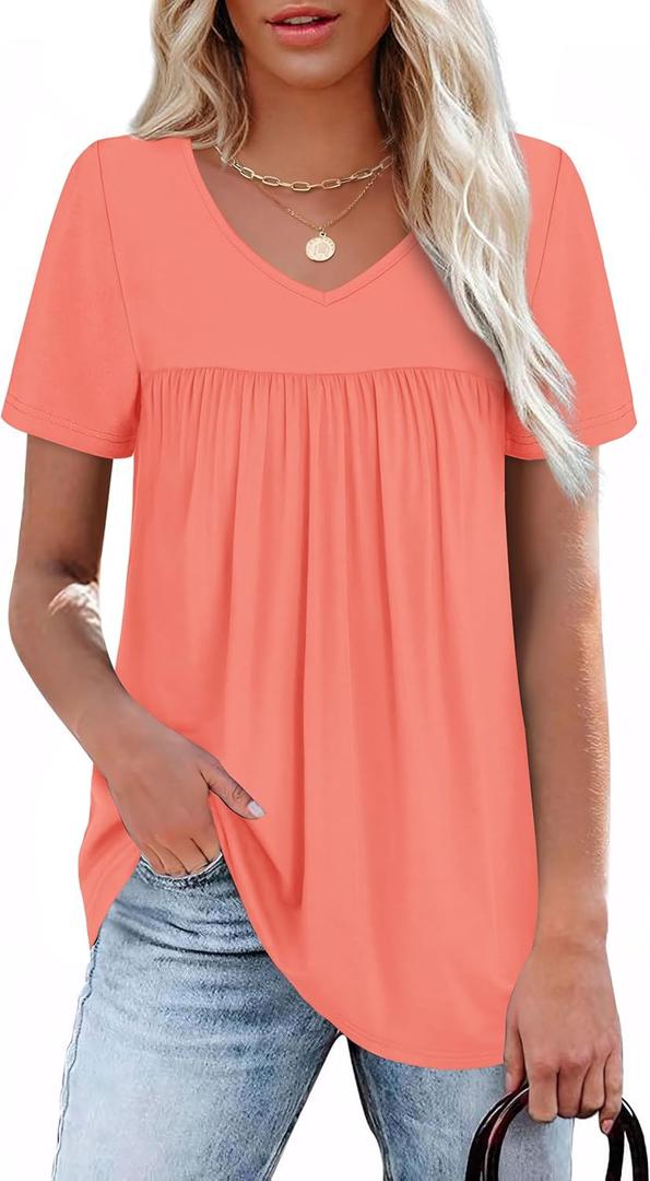 T Shirts for Women Short Sleeve Pleated Oversized Summer Tops Loose Fit V Neck Plus Size Beach Vacation Outfits Clothes Resort Wear 2025 Coral 2XL