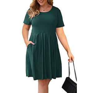 AUSELILY Women's Solid Plain Plus Size Round Neck Short Sleeve Pleated Swing Dress with Pockets Knee Length(L,Dark Green)