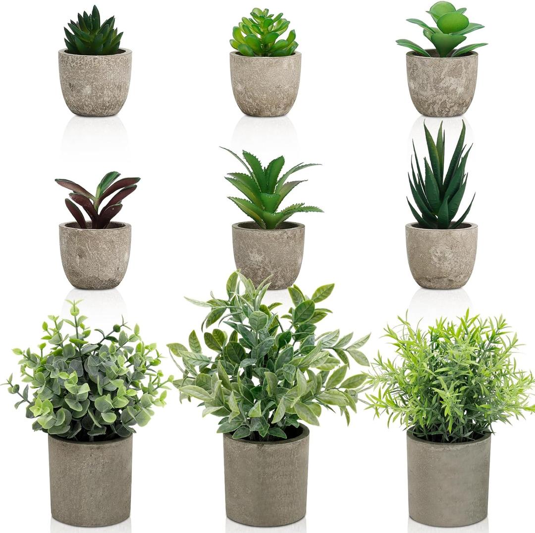 Artificial Potted Plants Faux Greenery in Cement Pots for Shelf, Bookshelf, Office or Home Decor, Small Decorative Fake Plants for Modern Indoor Display (9, XXXL)
