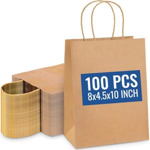 SNH Packing 100 Pcs 8X4.5X10 Inch Kraft Paper Gift Bags with Handles Brown Grocery Bag Medium Size Ideal bags for small business, Party Favor, Bulk Retail, Shopping & Packaging Needs