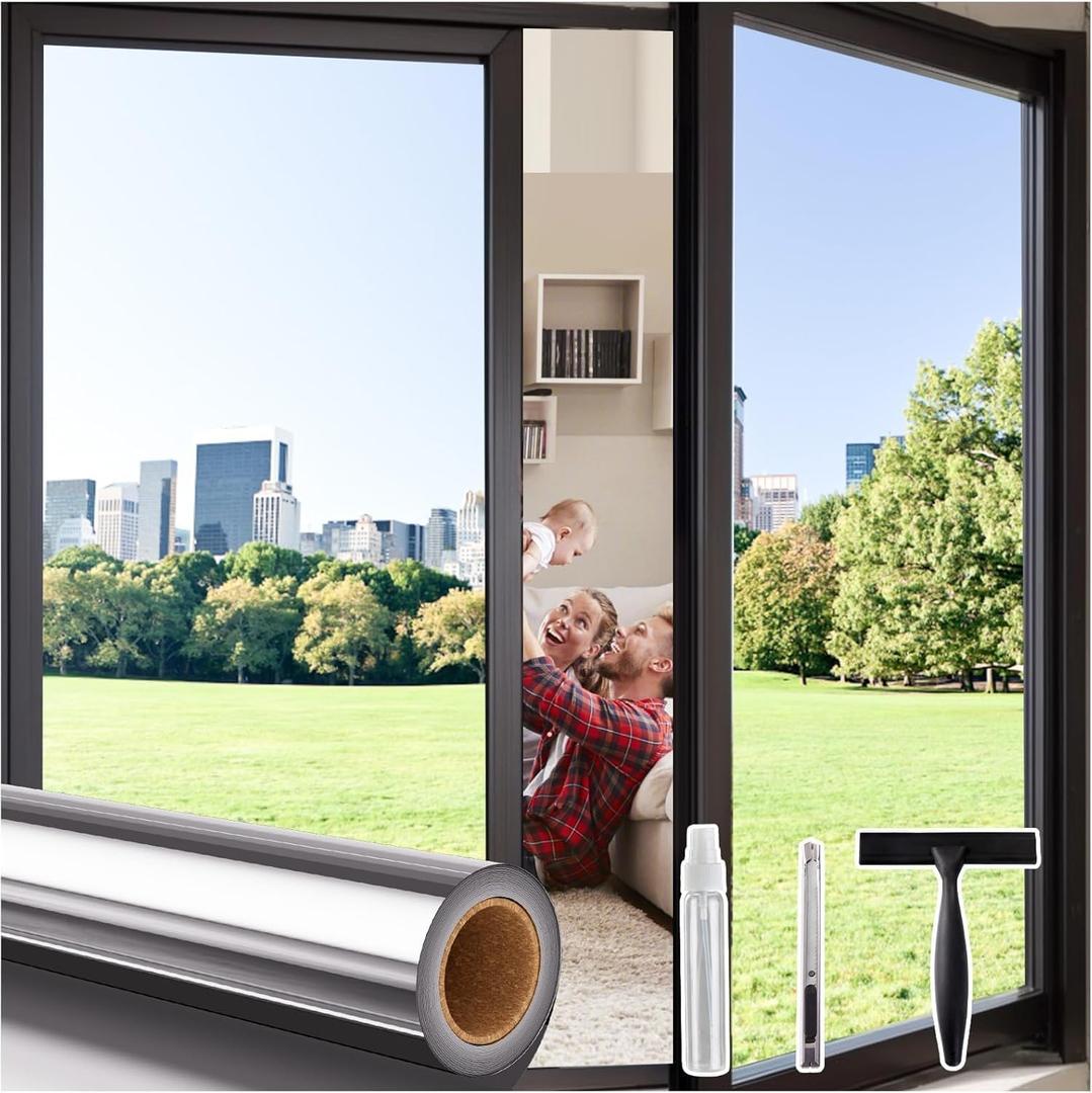 Coavas One Way Privacy Window Tint for Home, Daytime Reflective Mirror Glass Film See Out Not in, Heat & UV Blocking for Balcony/Living Room Large Windows with 3 Tools, 29.5 x 78.7 Inch, Silver