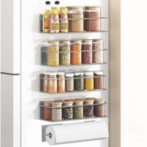 Magnetic Spice Rack For Refrigerator, Space Saving Magnetic Shelf For Fridge Grey 4 Pack With Magnetic Paper Towel Holder
