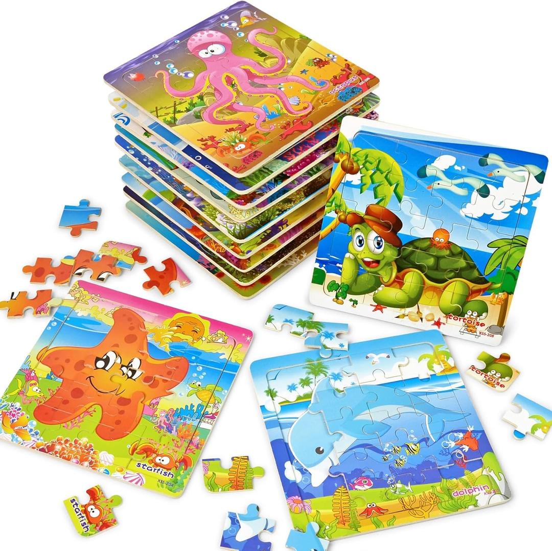 Vileafy Under The Sea Party Favors for Kids  12 Pack Ocean Animal Wooden Puzzles with Gift Bags  20-Piece Mini Jigsaw Toys for Boys & Girls Ages 4-8  Birthday Return Gifts, Classroom Prizes