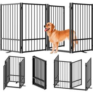 SNUOWU Full Metal Freestanding Dog Gate with Door, 36''Height Foldable Pet Dog Fence for Indoor & Outdoor, 4 Panels Extra Wide Free Standing TallDog Gates for Doorways,House,Stairs,Porch,Deck,Yard (Black)