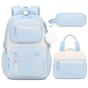Bevalsa Backpack for Gilrs, School Bags for Kids with Lunch Bag & Pen Case, Bookbag for Girls Children Teens for Elementary Middle High school College Student with Cute Pins (Beige Blue)