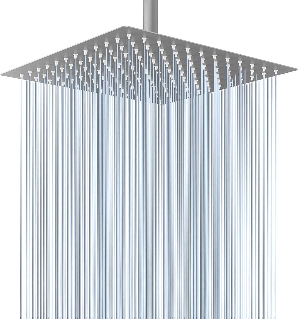 Voolan Rain Shower Head - High Flow Large Rainfall Shower Heads Made of Stainless Steel - Waterfall Bathroom Square Showerhead - Ceiling or Wall Mount (12" Brushed Nickel)