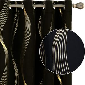 Deconovo Blackout Curtains - Thermal Insulated, Noise-Reducing Window Drapes for Bedroom, Living Room - 2 Panels, Black/Wave, 52W x 45L