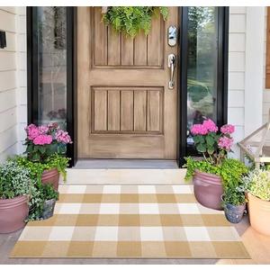 Front Door Mat Outdoor 24''x35''Khaki and White Washable Entryway Rugs Cotton Farmhouse Layered Doormat for Hello/Welcome Entryway,Porch,Bedroom,Bathroom