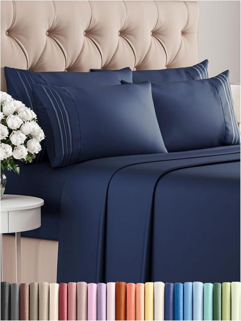 Queen 6 Piece Sheet Set - Comfy, Breathable & Cooling - Hotel Luxury Bedding for Women, Men, Kids & Teens - 1 Flat & 1 Fitted Sheet & 4 Pillowcases w/ Deep Pockets - Soft and Wrinkle Free - Navy Blue (Queen, 24 - Navy Blue)