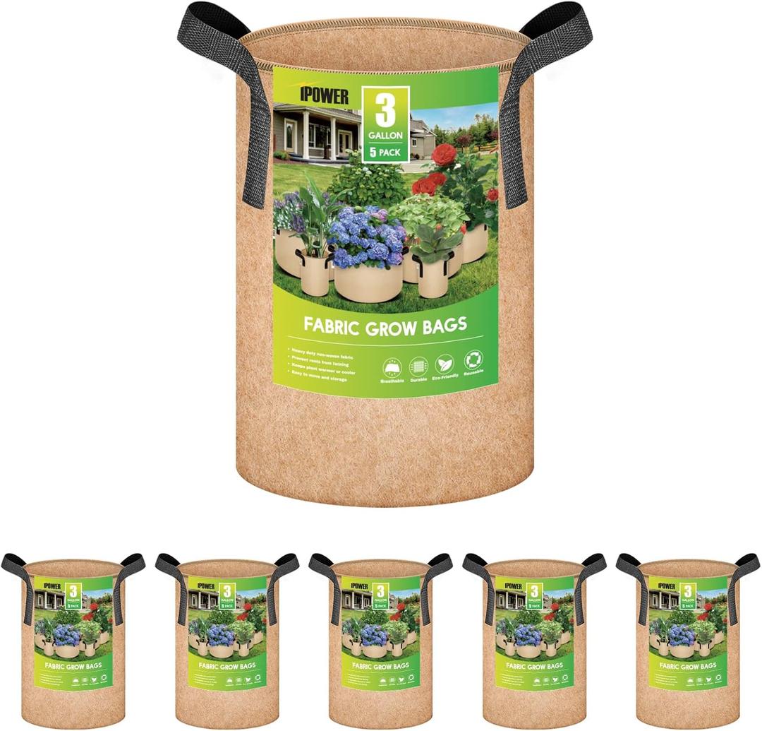 iPower 5-Pack 3 Gallon Plant Grow Bags Thickened Nonwoven Aeration Fabric Pots Heavy Duty Durable Container, Strap Handles for Garden, Tan