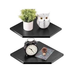 Fun Memories Corner Shelf Wall Mount Set of 2 - Solid Oak Wood Floating Corner Shelf with Cable Hole, 8.5in Rustic Design for Bedroom, Living Room, Kitchen (Black)